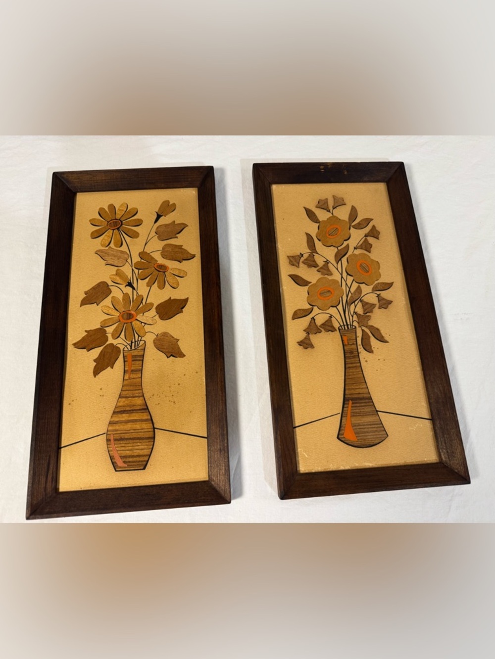 Vintage Mid-Century Floral Wall Art Pair decor flowers in vase inlay wood